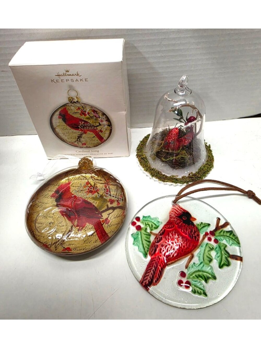 Cardinal Christmas Ornament Lot Glass Hallmark 2010 Dome Cloche Set 3